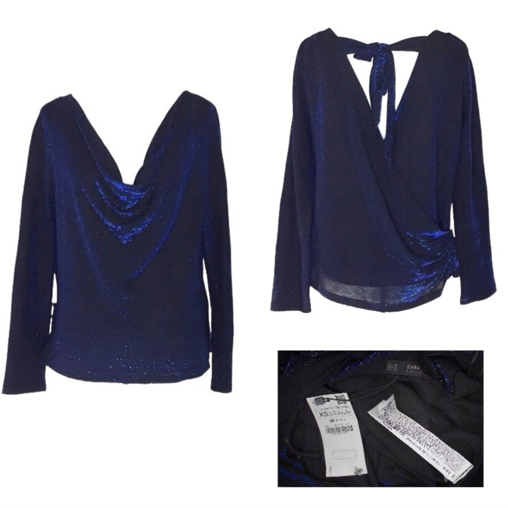 Zara NWT Shimmer Metallic Blue Draped Top with Open Draped Back & Tie Detail XS